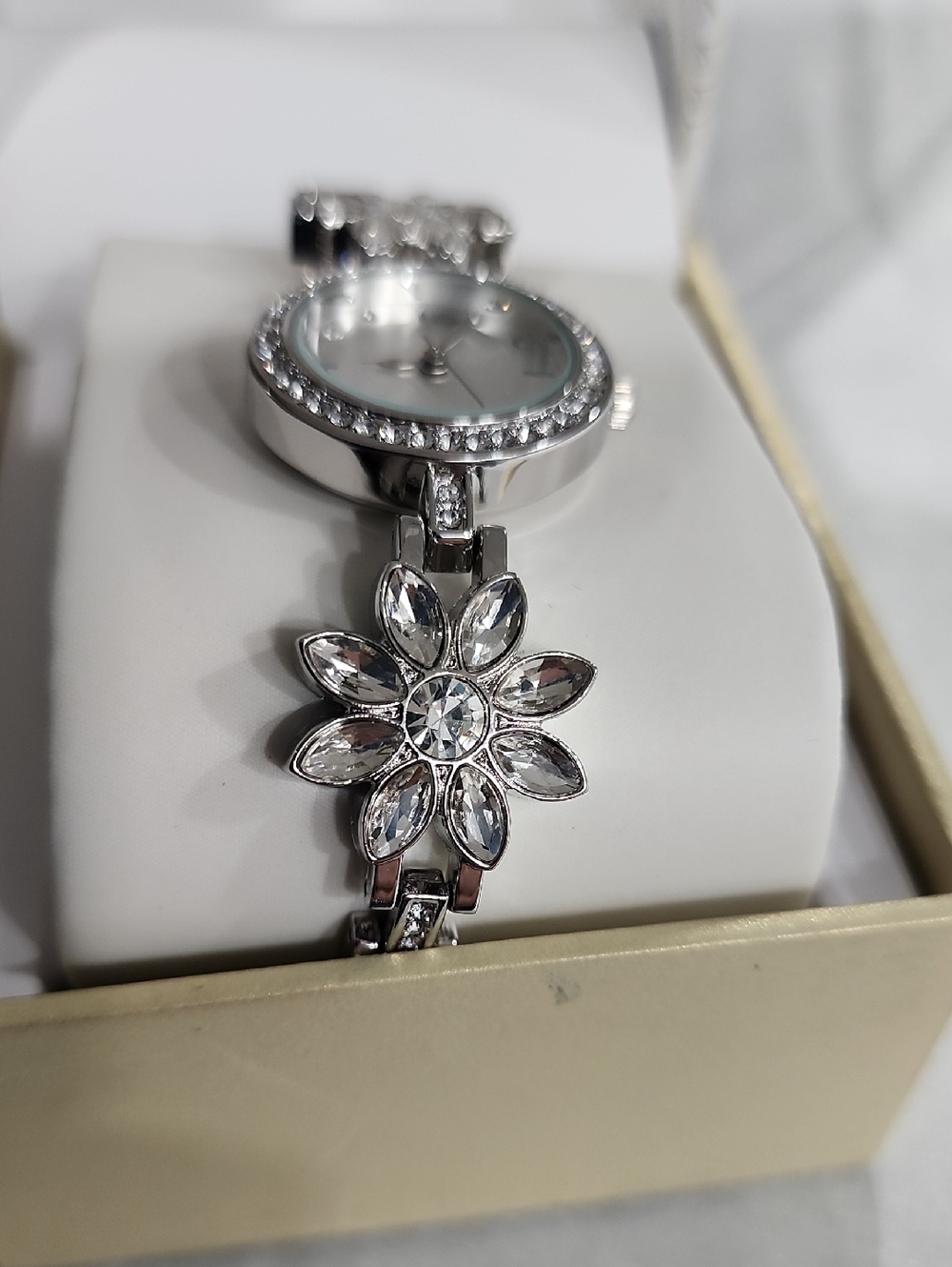 Charter Club Women's Silver-Tone Mixed Metal Crystal Flower Bracelet Watch. - Picture 3 of 6